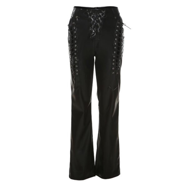 Women's High Waist Hollow-out Strap Straight Ankle Tied Leather Pants - Image 7
