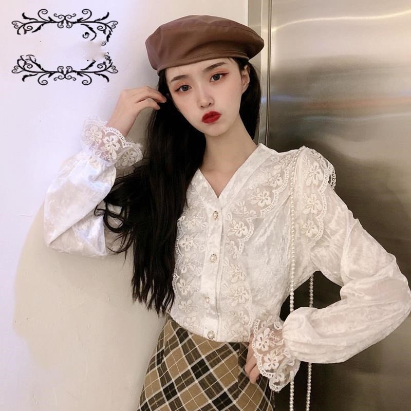 Shirts Women V-Neck Flare Sleeve Patchwork French - Image 2