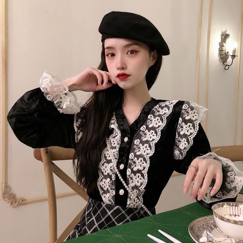 Shirts Women V-Neck Flare Sleeve Patchwork French - Image 3