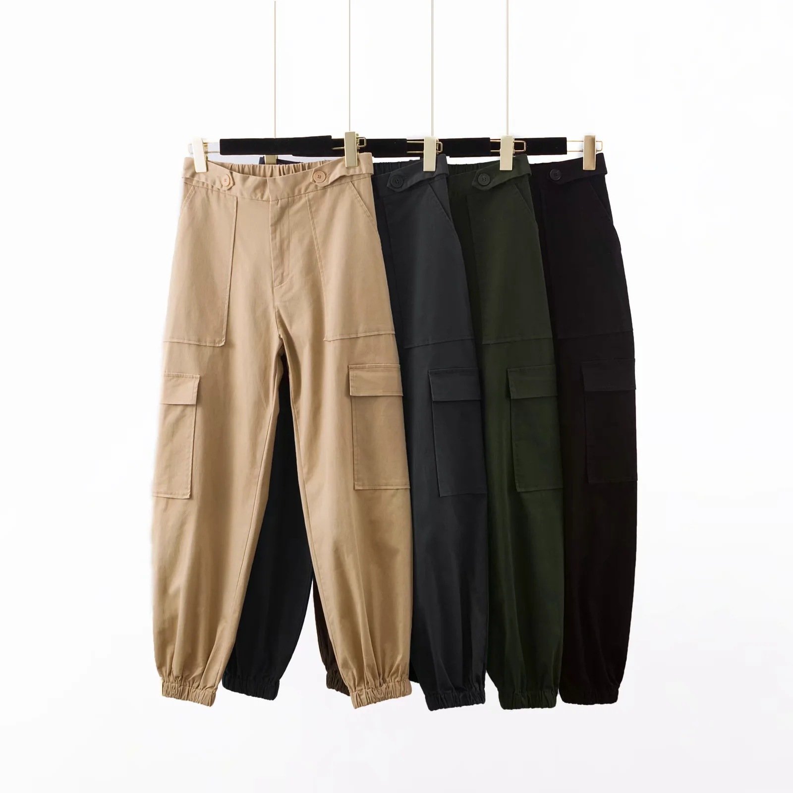Solid color high waist cargo trousers