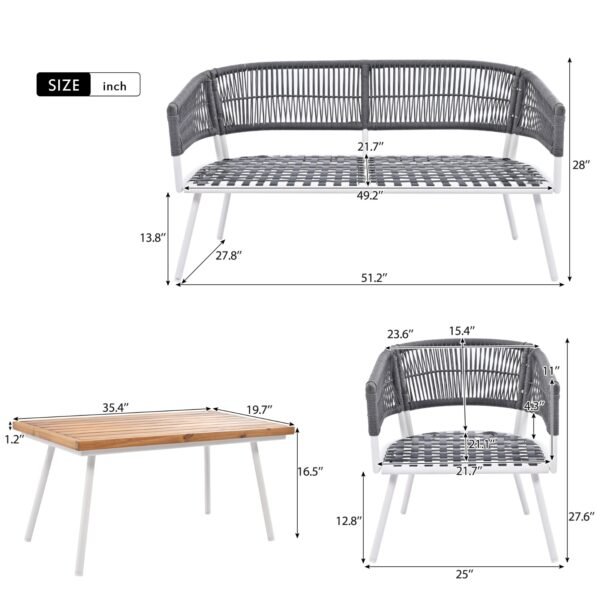 K&K 4-Piece Boho Rope Patio Furniture Set, Outdoor Furniture With Acacia Wood Table, Patio Conversat - Image 6