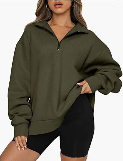 Women Sweatshirts Zip Turndown Collar Loose Casual Tops Clothes - Image 2