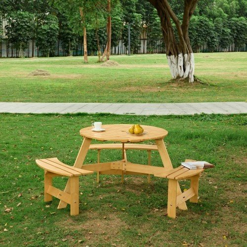Outdoor 6 Person Picnic Table, 6 Person Round Picnic Table With 3 Built-in Benches, Umbrella Hole, Outside Table And Bench Set For Garden, Backyard, Porch, Patio