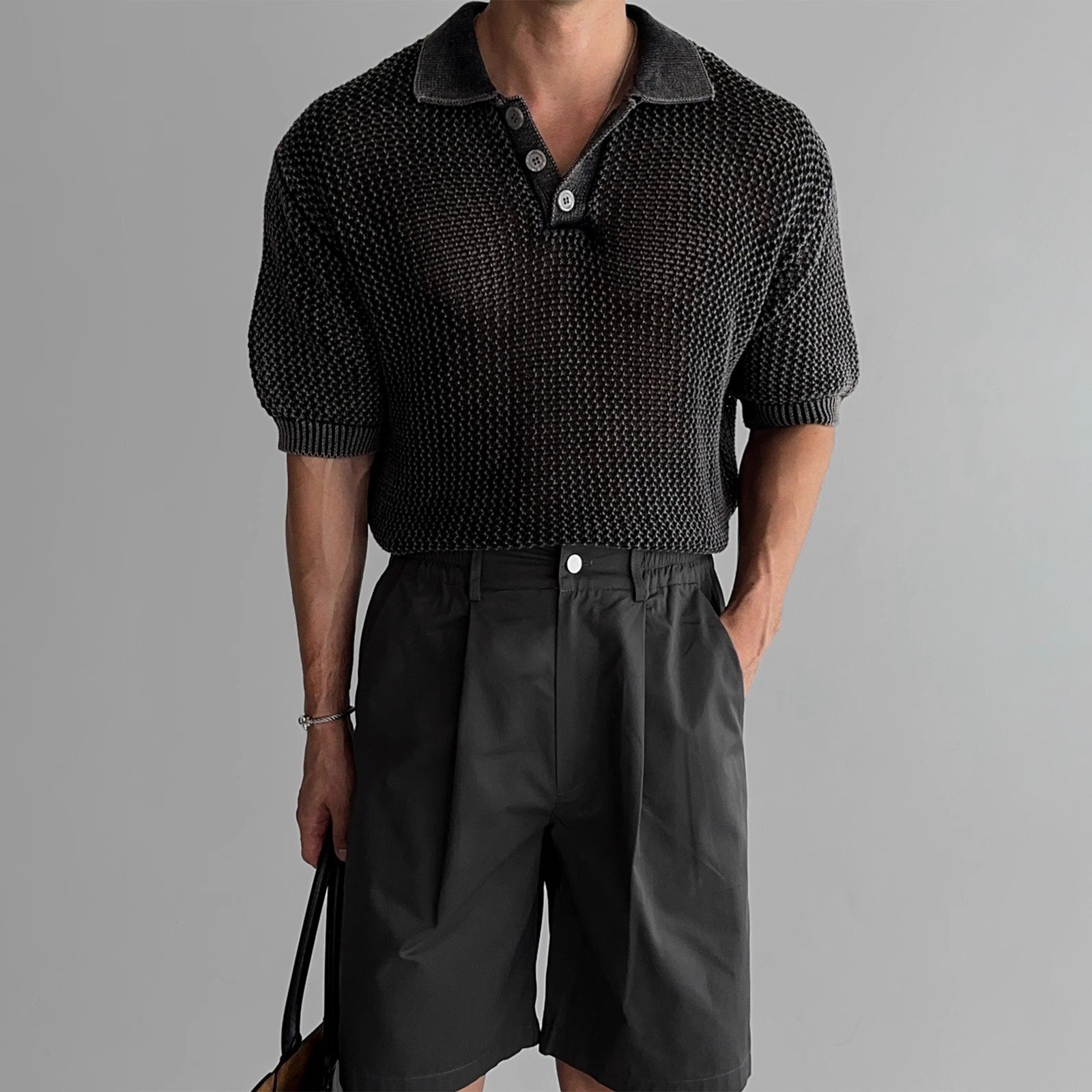 Honeycomb Hollow Knitted Short-sleeved Polo Shirt - Image 4