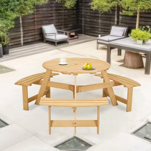Outdoor 6 Person Picnic Table, 6 Person Round Picnic Table With 3 Built-in Benches, Umbrella Hole, Outside Table And Bench Set For Garden, Backyard, Porch, Patio - Image 2