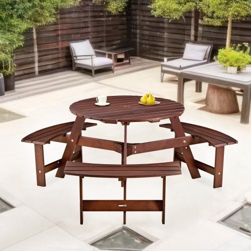 Outdoor 6 Person Picnic Table, 6 Person Round Picnic Table With 3 Built-in Benches, Umbrella Hole, Outside Table And Bench Set For Garden, Backyard, Porch, Patio - Image 6