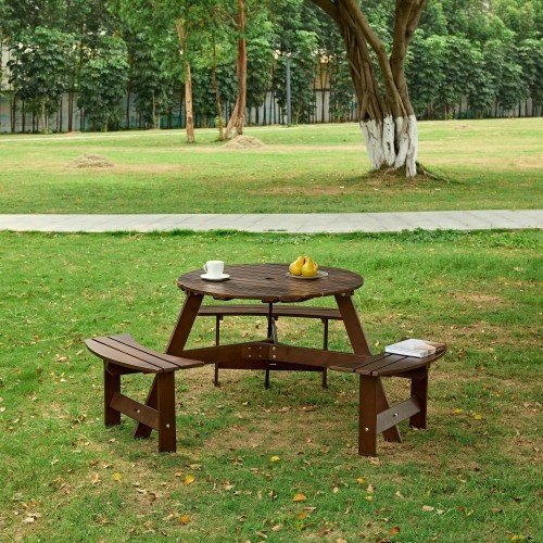 Outdoor 6 Person Picnic Table, 6 Person Round Picnic Table With 3 Built-in Benches, Umbrella Hole, Outside Table And Bench Set For Garden, Backyard, Porch, Patio - Image 8