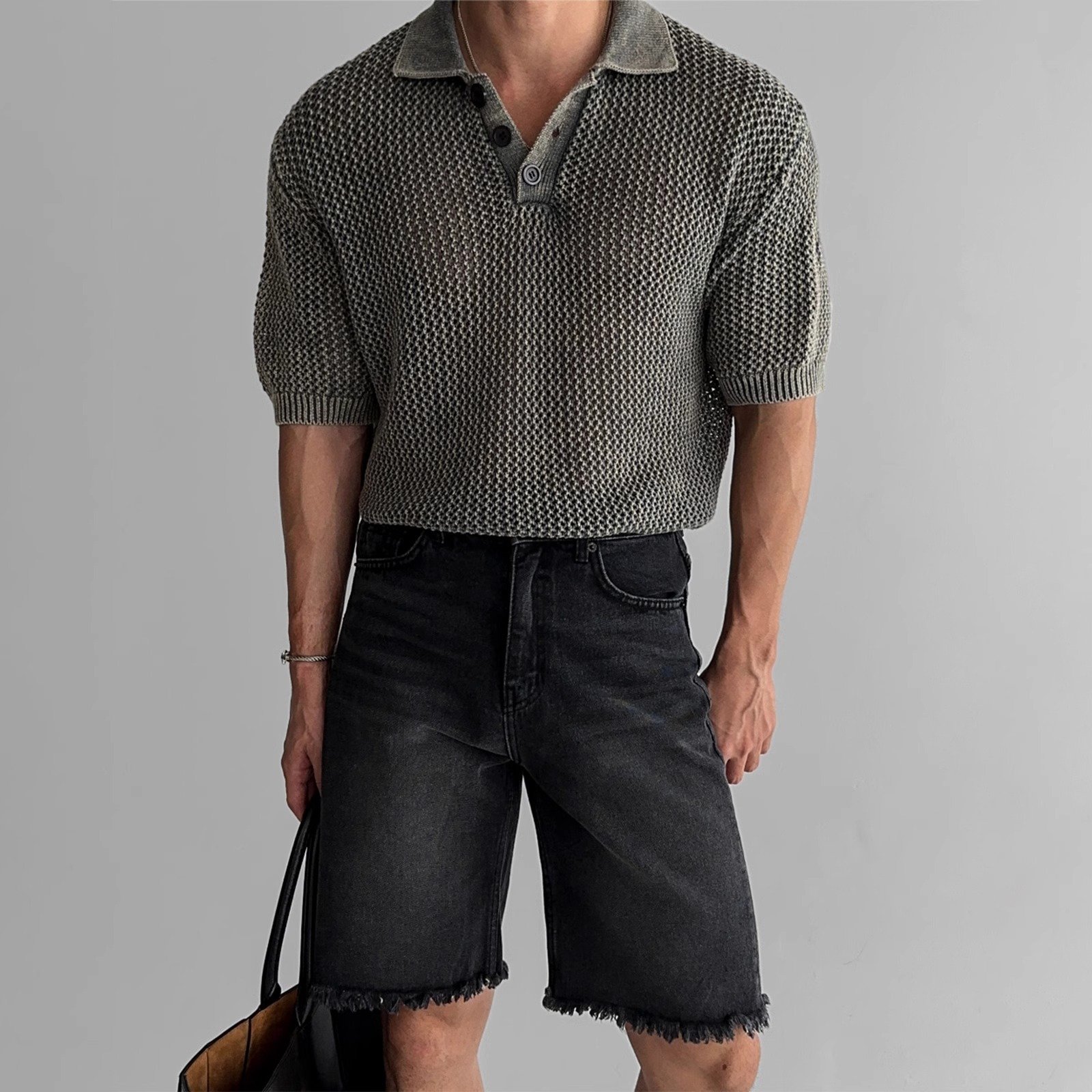 Honeycomb Hollow Knitted Short-sleeved Polo Shirt