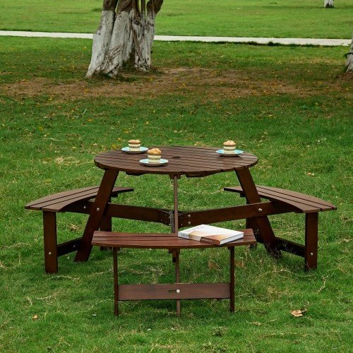 Outdoor 6 Person Picnic Table, 6 Person Round Picnic Table With 3 Built-in Benches, Umbrella Hole, Outside Table And Bench Set For Garden, Backyard, Porch, Patio - Image 4