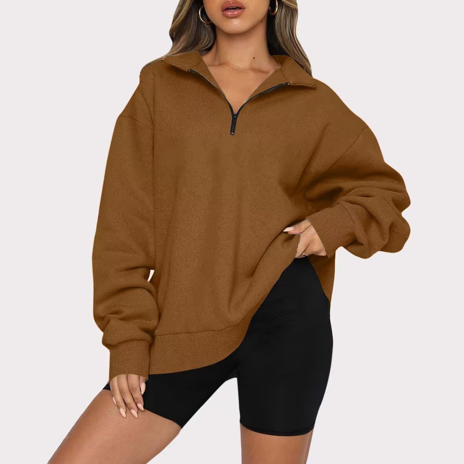 Women Sweatshirts Zip Turndown Collar Loose Casual Tops Clothes - Image 3