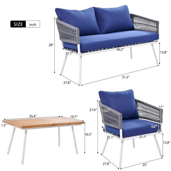 K&K 4-Piece Boho Rope Patio Furniture Set, Outdoor Furniture With Acacia Wood Table, Patio Conversat - Image 3