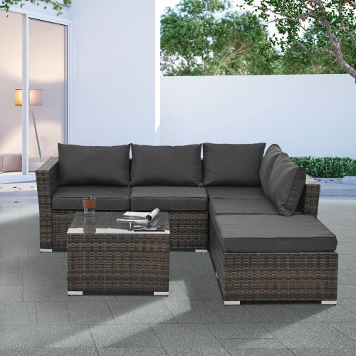 Patio Furniture, Outdoor Furniture, Seasonal PE Wicker Furniture, 4 Set Wicker Furniture With Tempered Glass Coffee Table - Image 8