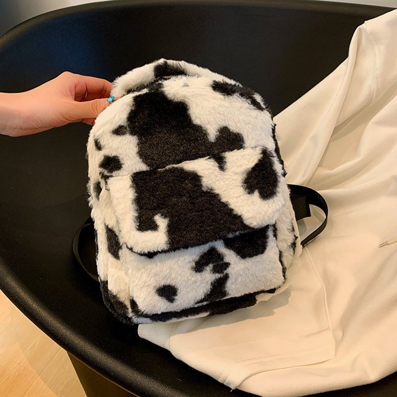 Cute Cows Pattern Furry Backpack Women Small Bags - Image 3
