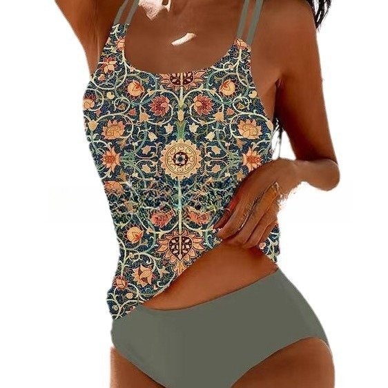 Retro Split High Waist Bikini Beach Print Strap Swimsuit - Image 5