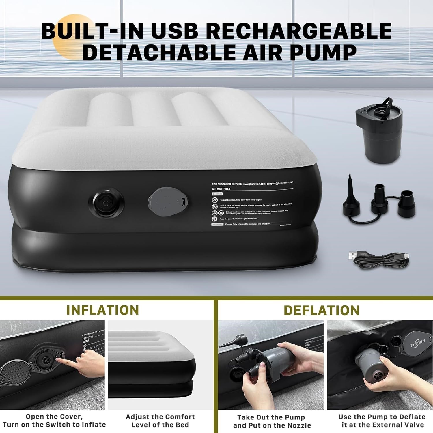 16Inches Queen Size Premium Air Mattress With For Home Camping Guest-Room Inflatable Airbed Blow Up Mattress - Image 5