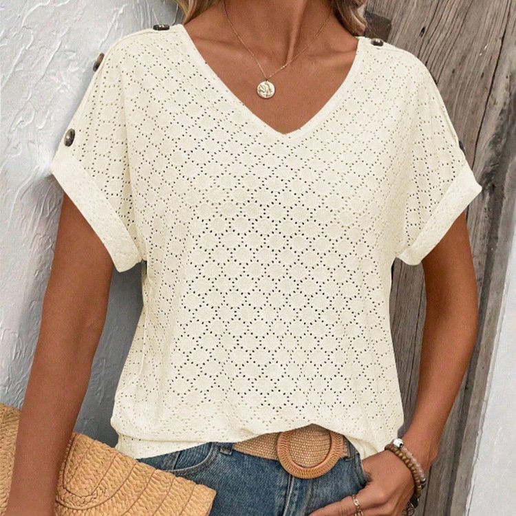 Button Solid Color Circle Loose Short Sleeve T-shirt For Women - Image 2