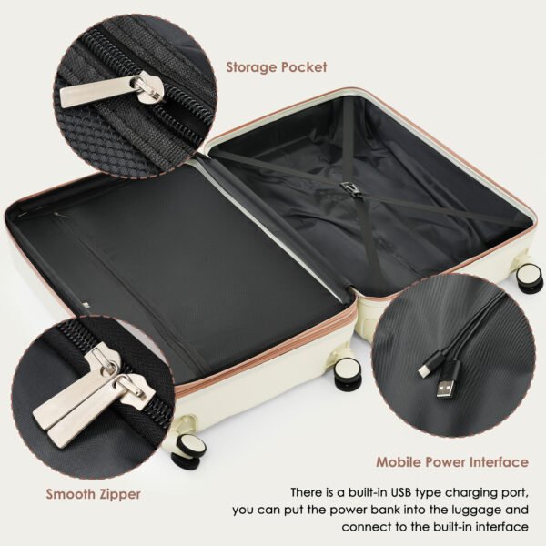 4-piece Suitcase Set With USB Port, Expandable ABS Durable Suitcase With Travel Bag, Cup Holder, With Spinner Wheels, Beige - Image 7