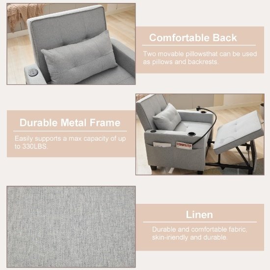 Futon Chair Bed Convertible Chair 3-in-1 Pull Out Sleeper Chair Beds With USB Ports,Wear-resistant And Anti-scratch, Armchair Bed Sleeper For Living Room,Grey. - Image 4