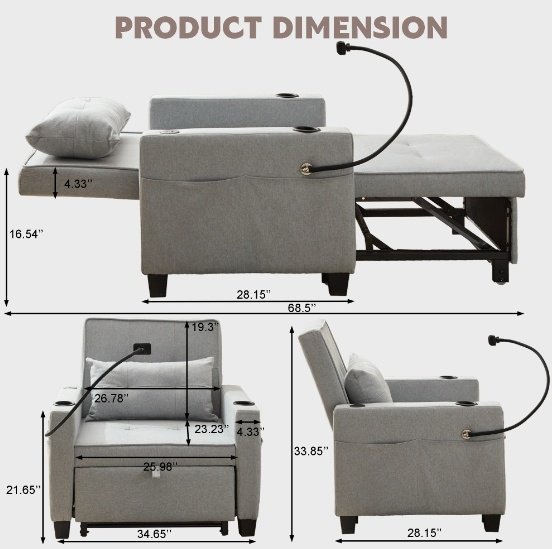 Futon Chair Bed Convertible Chair 3-in-1 Pull Out Sleeper Chair Beds With USB Ports,Wear-resistant And Anti-scratch, Armchair Bed Sleeper For Living Room,Grey. - Image 2