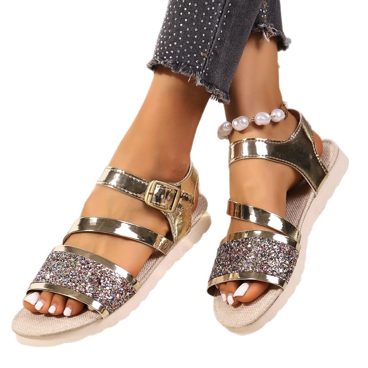 Plus Size Sequin Fashion Buckle Platform Sandals - Image 4