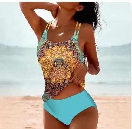 Retro Split High Waist Bikini Beach Print Strap Swimsuit - Image 7