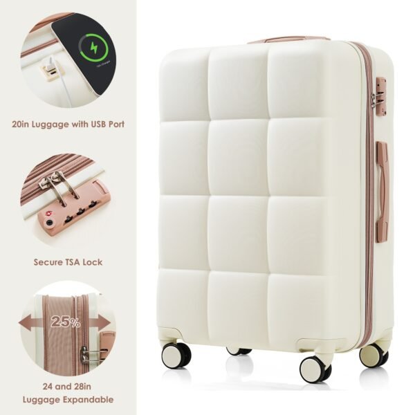 4-piece Suitcase Set With USB Port, Expandable ABS Durable Suitcase With Travel Bag, Cup Holder, With Spinner Wheels, Beige - Image 8
