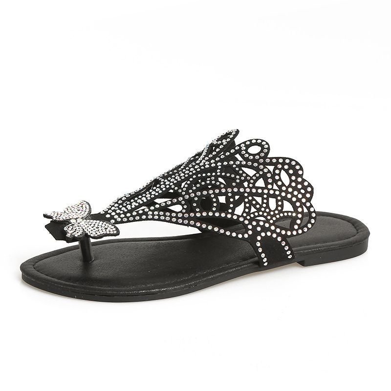 Slip-on Flip-toe Sandals Women's Rhinestone Hollow Flat-heeled Slippers - Image 3