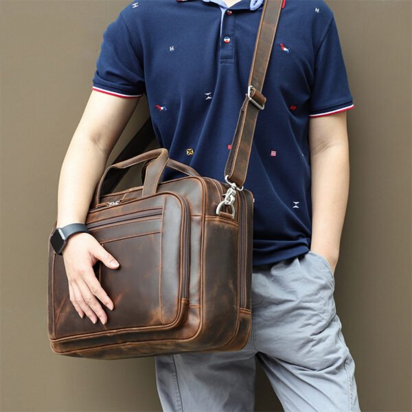 Vintage Leather Men's Crazy Horse Leather Handbag Large Business - Image 4